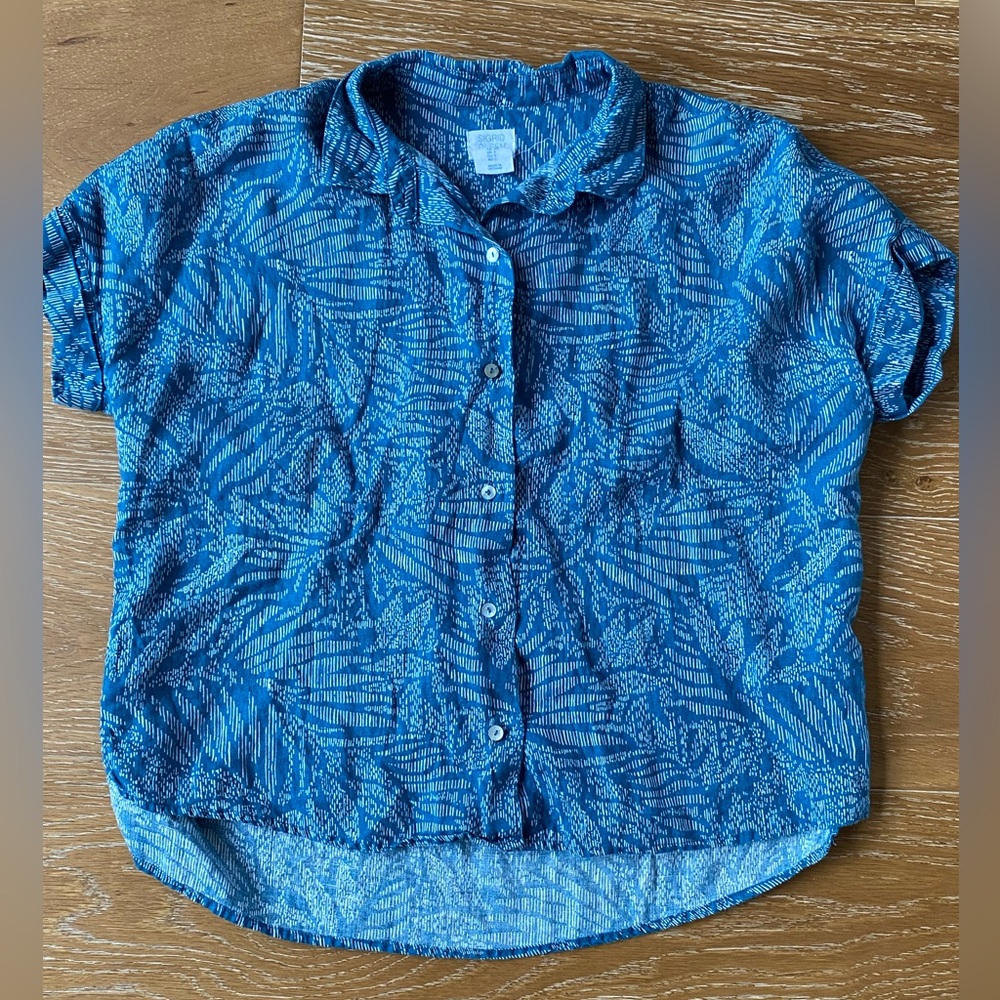 Sigrid Olsen Shirt Linen Floral Collared Tropical Summer Vacation Teal